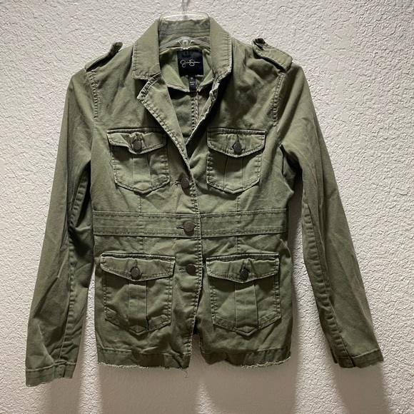 Jessica Simpson olive green cropped distressed jean jacket. Women size M raw hem